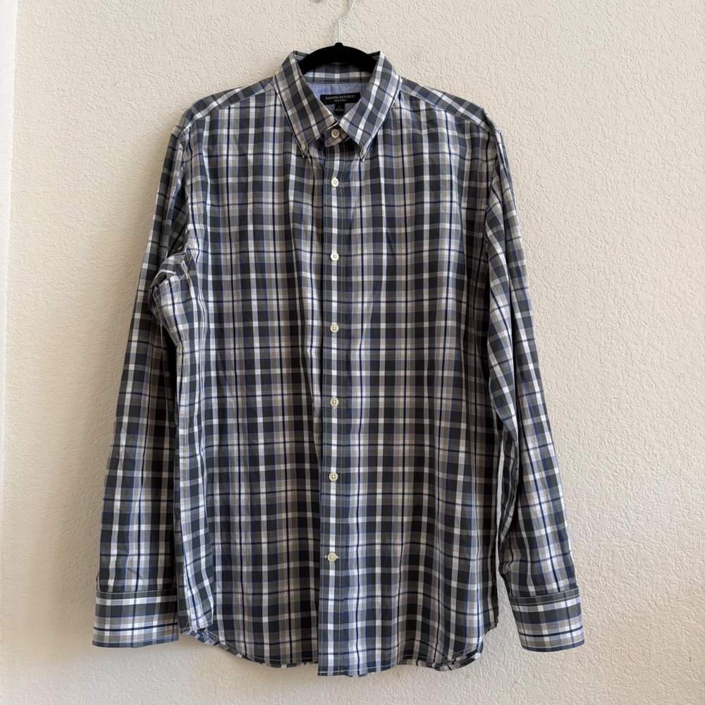 Banana Republic Soft Wash Mens Large Blue‎ Grey Plaid Button Down Shirt L Cotton